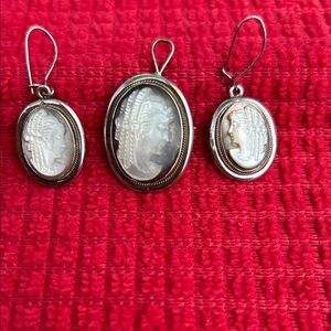 Antique Sterling Silver Mother of Pearl Cameo Pendant & Earrings Set “Camexco”